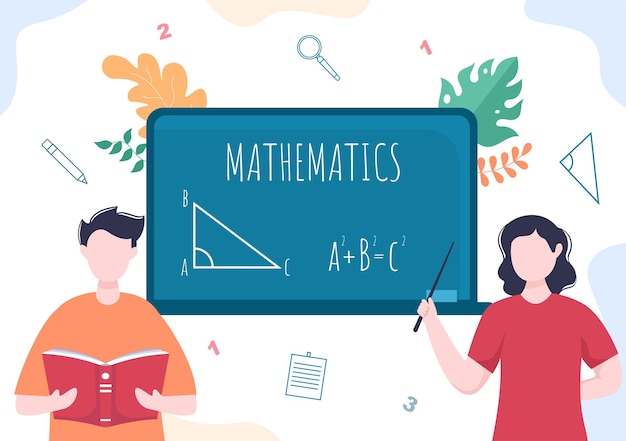 Leren wiskunde van onderwijs en kennis achtergrond cartoon vectorillustratie. wetenschap, technologie, techniek, formule of elementaire wiskunde