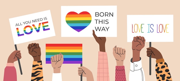 レズビアン、バイセクシュアル、トランスジェンダーのポスター、シンボル、虹の旗、ゲイのプライドパレード。