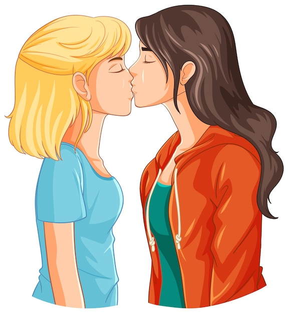 Lesbian couple cartoon kissing