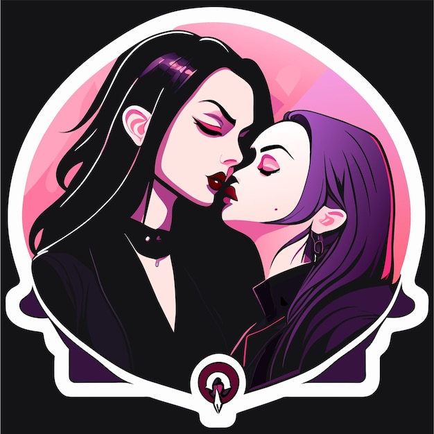 Вектор Влюбленная лесбийская пара, нарисованная вручную, плоская стильная мультфильмная наклейка, икона, концепция, изолированная иллюстрация