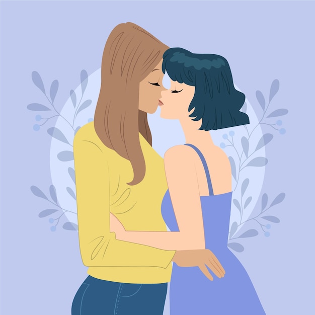 Vector lesbian couple kiss in flat design style