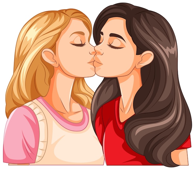 Lesbian couple kissing cartoon isolated