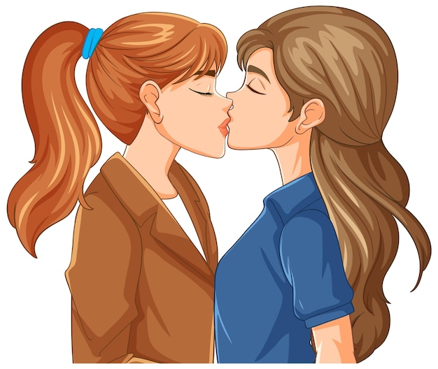 Lesbian couple kissing cartoon isolated