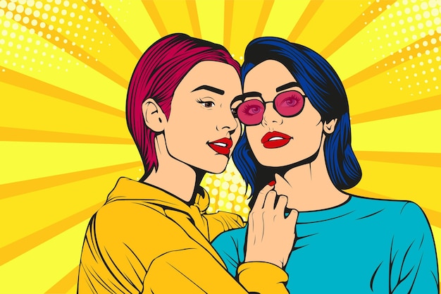 Vector lesbian couple kissing and hugging homosexual female in pop art retro comic style