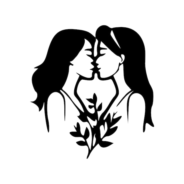 Vector lesbian couple kissing lgbt pride black outlines isolated vector illustration
