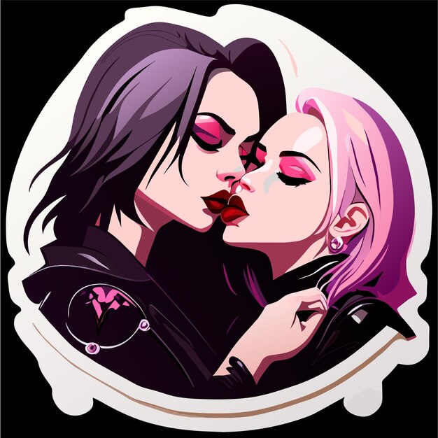 Vector lesbian couple in love hand drawn flat stylish cartoon sticker icon concept isolated illustration