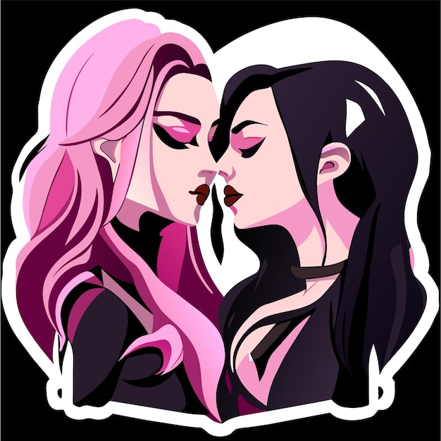 Vector lesbian couple in love hand drawn flat stylish cartoon sticker icon concept isolated illustration