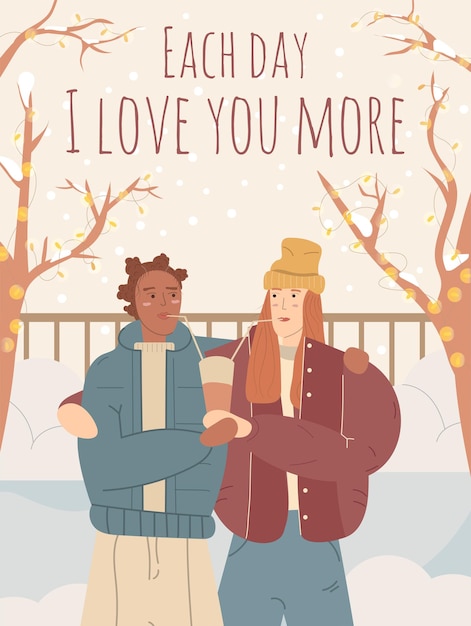 Vector lesbian couple together in winter park romantic love illustration