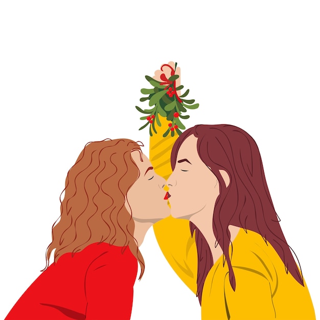 Lesbian kiss Concept of cute romantic greeting cards for Christmas and New Year