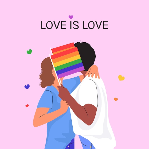 Vector lesbian love couple hold flags with lgbt rainbow