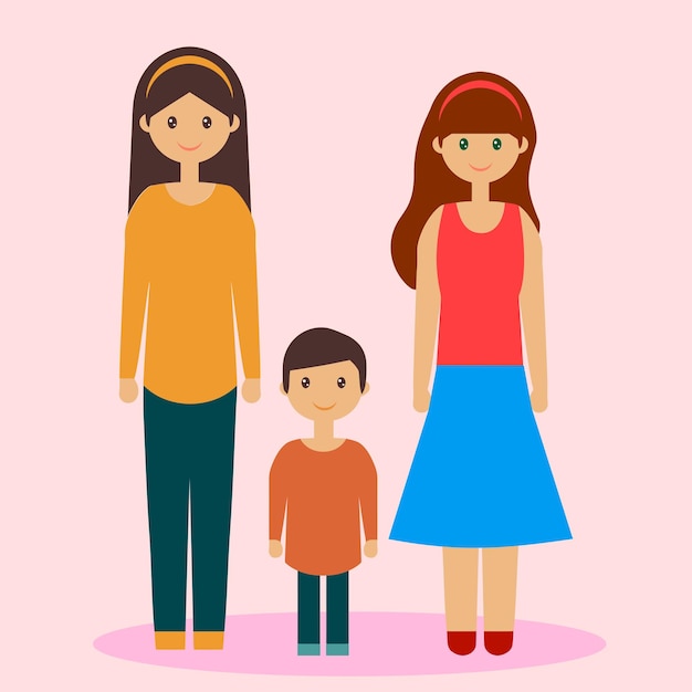 A Lesbian Young Couple with Their Son A Vector Image Isolated on a Pink Background