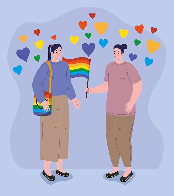 lgtbiの旗の文字とレズビアンのカップル