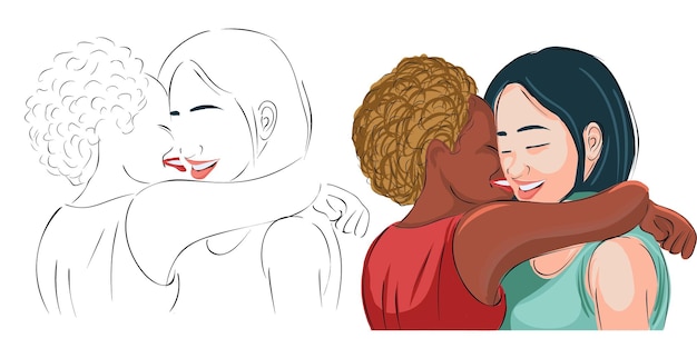 Vector lesbisch koppel platte ontwerp illustratie interraciale vrouwen met een romantische partner van hetzelfde geslacht knuffelen