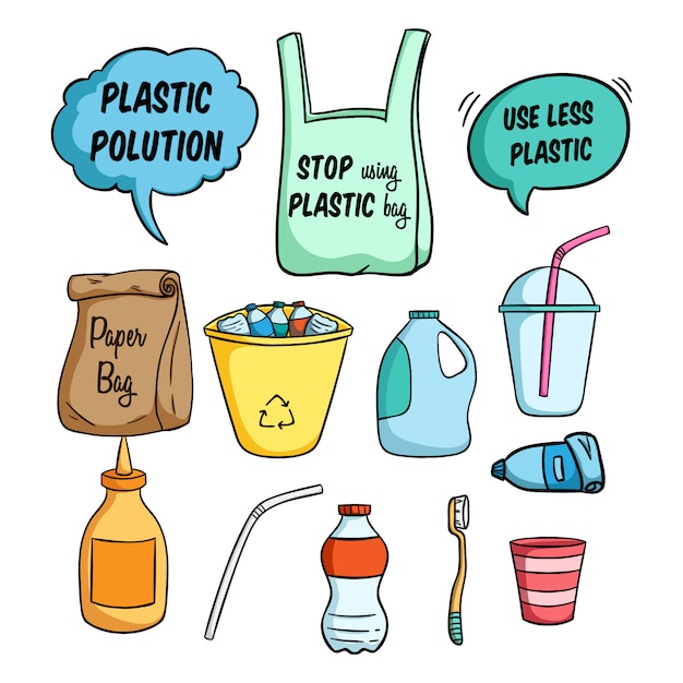 less plastic illustration for go green and using colored doodle style