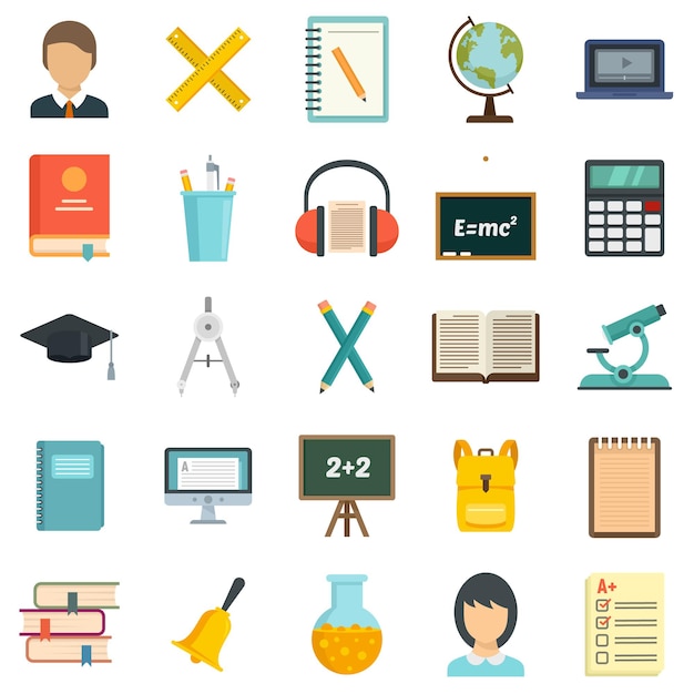 Lesson icons set. Flat set of lesson vector icons isolated on white background