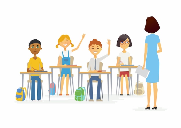 Vector lesson at school - cartoon people characters illustration with a standing young teacher and happy children raising hands. classroom with desks, chairs, bags. perfect as a card, banner, poster