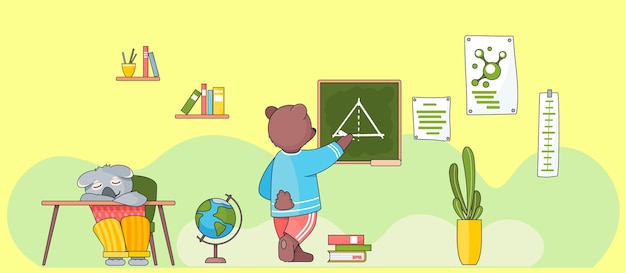 Урок в школе для диких животных Медведь пишет мелом у доски Урок геометрии Снова в школу