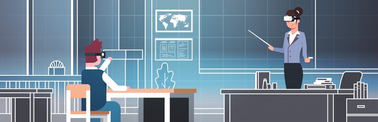 Vector lesson in virtual reality school with students and teacher wearing 3d vr glasses