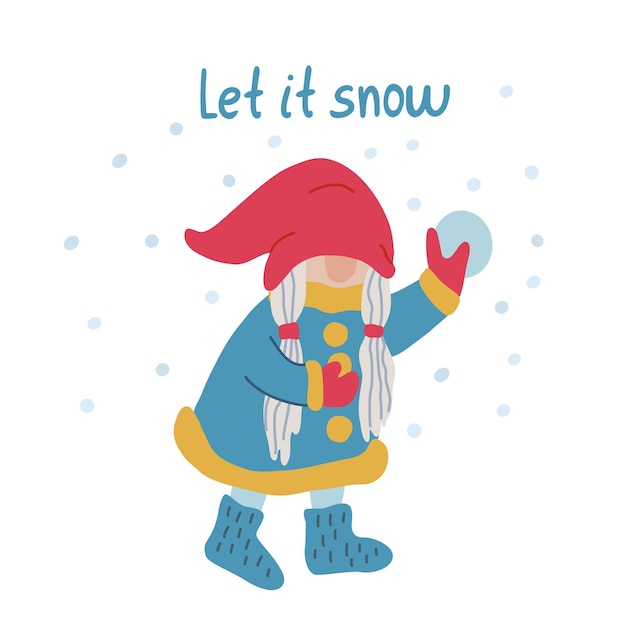 Let it snow スノーボールで遊ぶ女の子ノームのカード