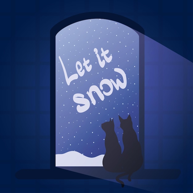 Let it snow seasonal lettering for postcard romantic pair of cats on windowsill