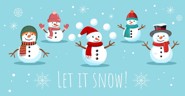 Let it snow snowmen banner with cute character Happy snowmen in scarfs and hats flat style