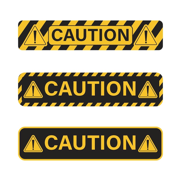 Let op gevaar teken set met gele en zwarte kleur. waarschuwingsbord voor politie, ongeval, in aanbouw, website. vector gevaar teken collectie. let op teken set gele waarschuwingslinten.