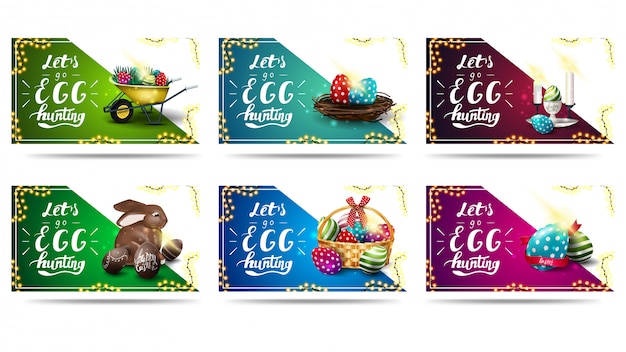 Let's go egg hunting, collection horizontal easter postcards with beautiful lettering and frame of garland