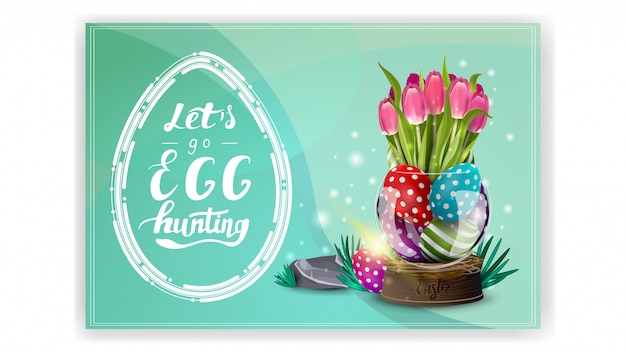 Let's go egg hunting, purple postcard template