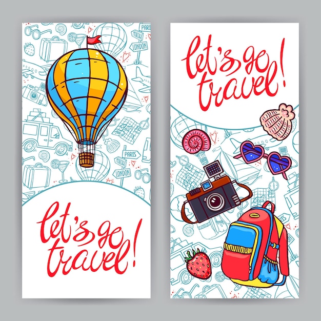 旅行に行きましょう。旅行をテーマにした2枚のかわいいカード。手描きイラスト