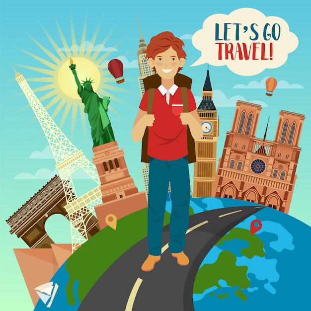 Premium Vector | Let's go travel banner with famous buildings