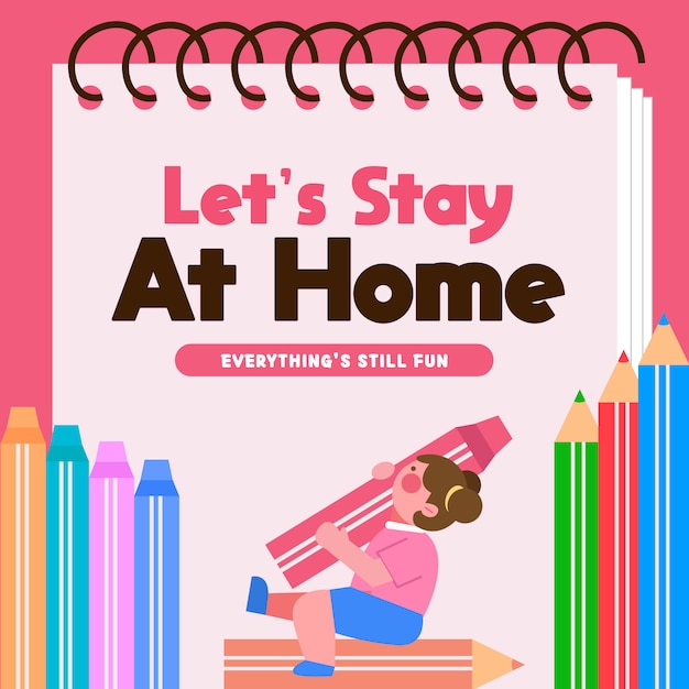 Let's stay at home corona covid-19 safety campaign doodle   illustration