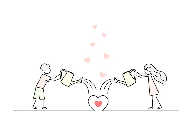 Let your love grow tall young couple watering a small heart black line cartoon vector illustration pencil drawing style