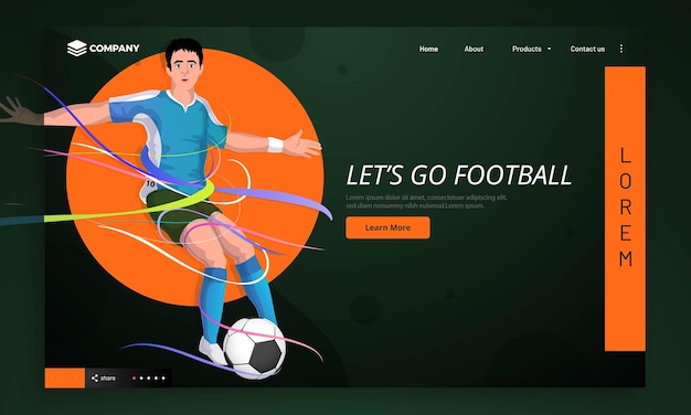 Vettore let039s go football tournament landing page con il personaggio del calciatore che calcia il calcio