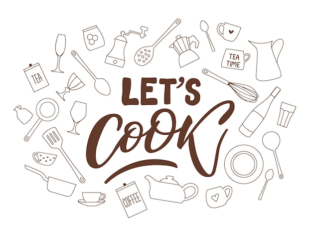 Vector lets cook. handwritten lettering emblem. kitchen tools doodle banner icon. culinary kitchen utensils