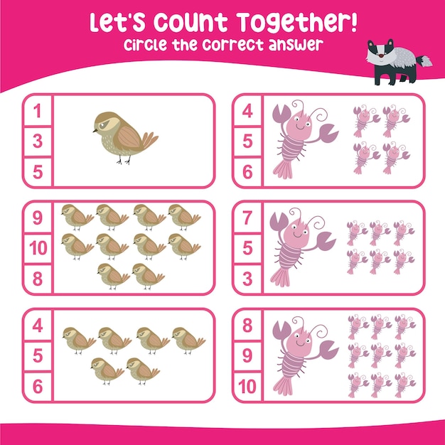 ワークシートを一緒に数えましょう。教育用の印刷可能な数学ワークシート。子供向けの算数ゲーム。