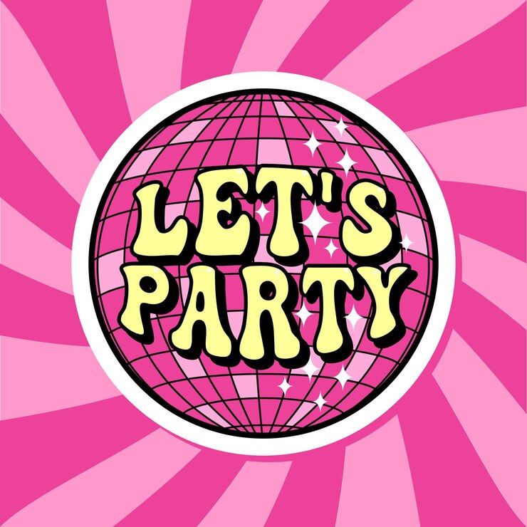 Vector lets party groovy lettering sticker retro print with yellow text and pink disco ball for tee graphic party tshirt vector design