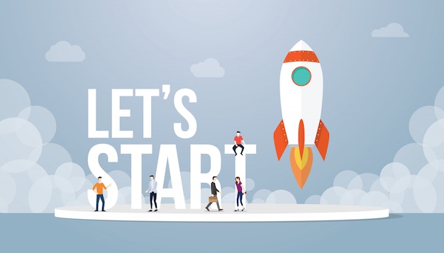 Vector lets start big words concept with team people and rocket startup launch business