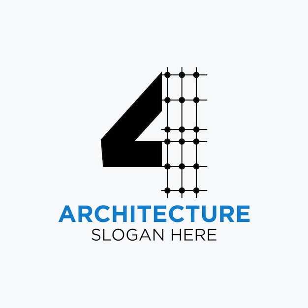 Письмо 4 Дизайн логотипа архитектуры. Икона недвижимости, символ архитектора и строительства