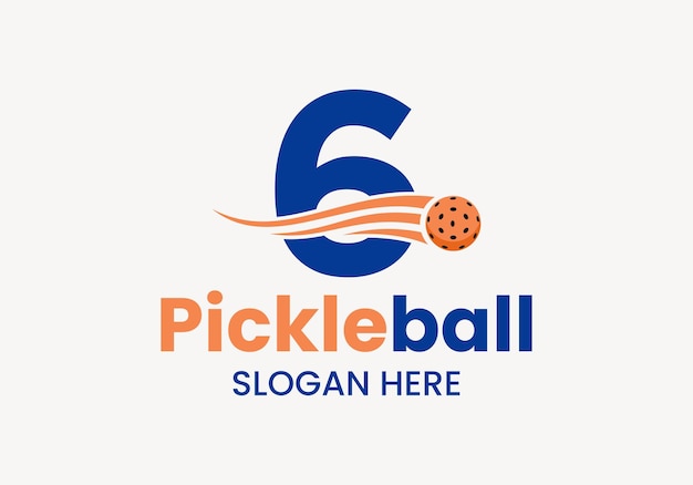 Letter 6 Pickleball Logo Concept met bewegende Pickleball symbool Pickle Ball Logotype Vector sjabloon