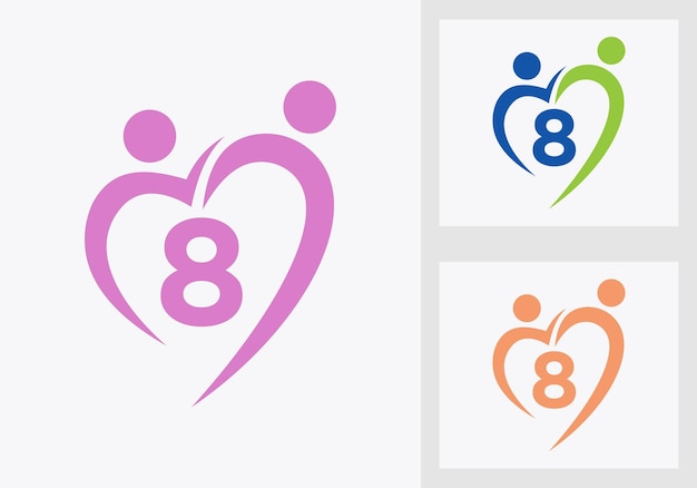 Letter 8 Family Care Logo. Teamwork, Heart, People, Love Icon. Charity Donation Sign