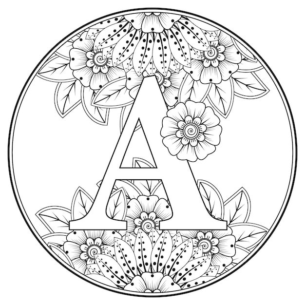 Letter A gemaakt van bloemen in mehndi stijl kleurboek pagina overzicht handdraw vectorillustratie