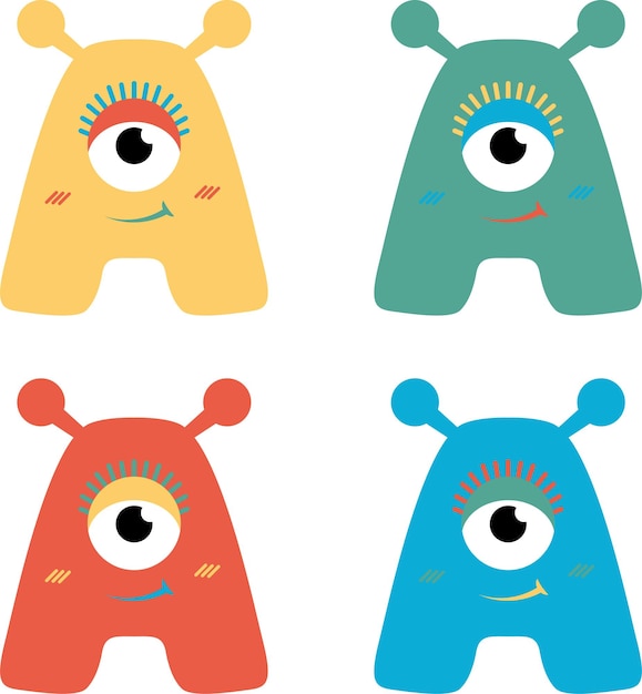 Вектор Буква а в виде монстра векторная буква в четырех цветах милый монстр для детей