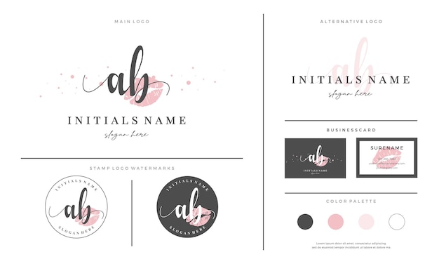 Letter AB A B Initial handwriting logo template with lipstick kiss or makeup