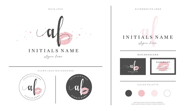 Letter AF A F Initial handwriting logo template with lipstick kiss or makeup