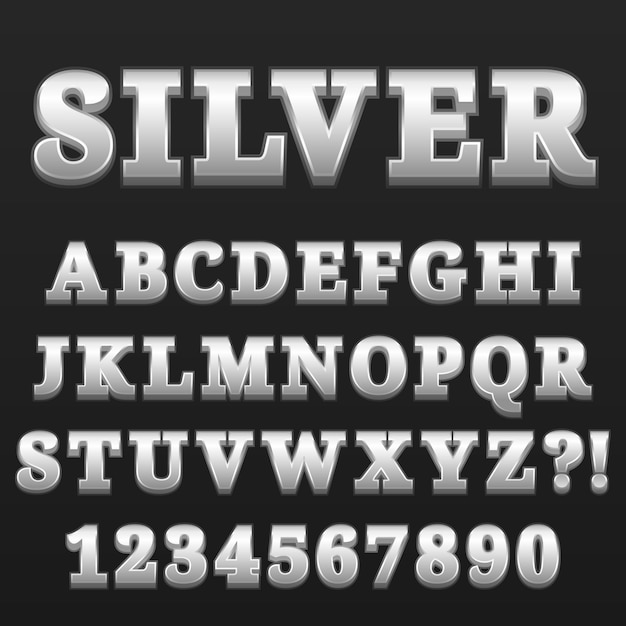 Letter alphabet with numbers silver glossy style design