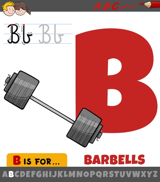 Letter b from alphabet with cartoon barbells sport equipment