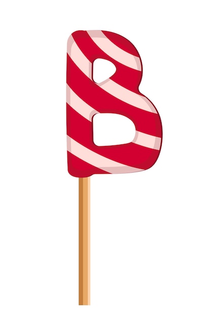 Letter B from striped red and white lollipops. Festive font or decoration for holiday or party. Vector flat illustration