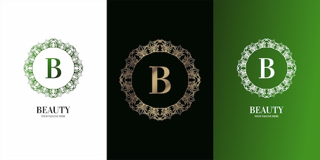 Letter B initial alphabet with luxury ornament floral frame logo template.