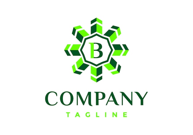 Letter B logo in green arrow-shaped frame.
