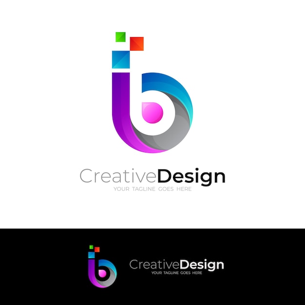 픽셀 디자인 기술이 적용된 문자 B 로고, 다채로운 라인 로고